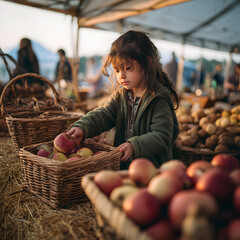 A young girl gently selects apples from a wicker basket at a bustling farmers market, surrounded by vibrant produce and natural light on a warm day