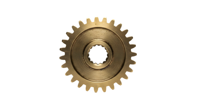 Brass gear isolated on transparent background, a precisionengineered component that symbolizes mechanics, industry, and the intricate workings of machinery
