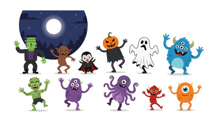 Halloween Monsters Parade: A vibrant array of adorable cartoon monsters, each exuding unique charm and festive Halloween spirit, dancing joyfully beneath a whimsical night sky.
