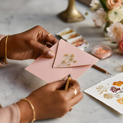 Hands carefully decorate a pink envelope with dried flowers, surrounded by watercolor palettes and fresh blooms on a simple desk, creating a unique stationery piece