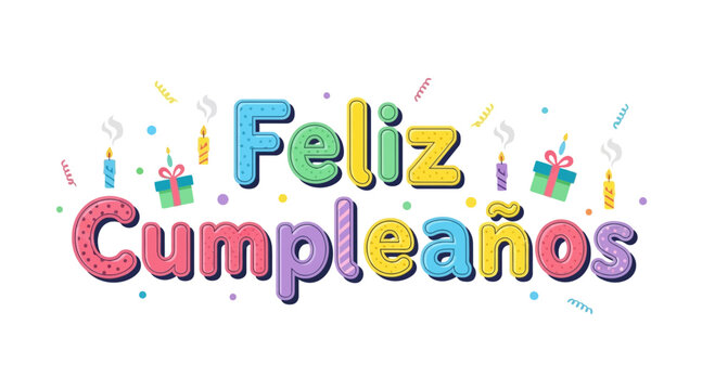 Colorful celebratory greeting for a happy birthday filled with celebratory elements