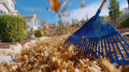 Autumn cleanup action shot with rake dragging across crisp fallen leaves, glowing leaf textures in sunlight, blurred neighborhood garden backdrop