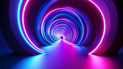 Futuristic neon tunnel with glowing rings isolated on white background