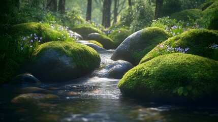 Moss-covered rocks by a tranquil forest stream, tiny wildflowers peeking between the crevices 
