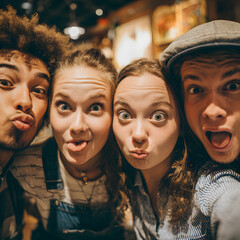 Four friends gather in a cozy cafe, showcasing their playful side by making humorous faces. The lively ambiance is enhanced by warm lighting and art-filled walls