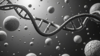 Detailed representation of DNA strands intertwined with various spherical structures, showcasing scientific theme in monochromatic color scheme