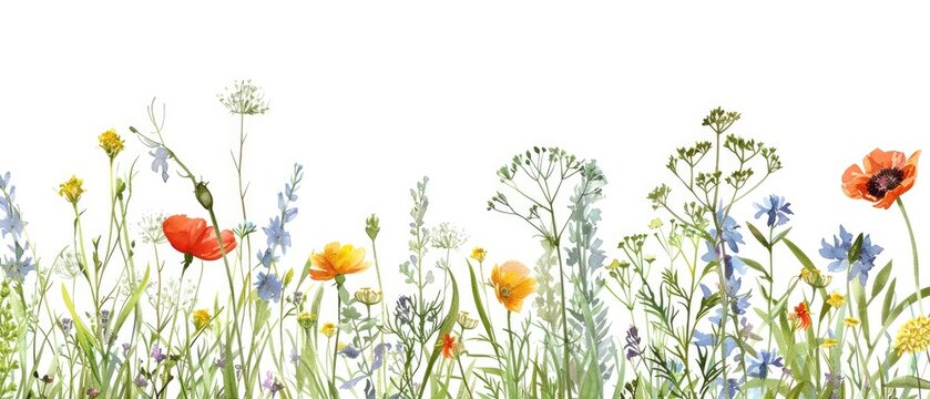 Watercolor wildflower border for invites, with white background, card element