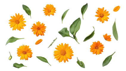 Obraz premium A arrangement of bright orange flowers and green leaves scattered artistically on a clean white background. ideal for nature-themed designs or floral decoration projects
