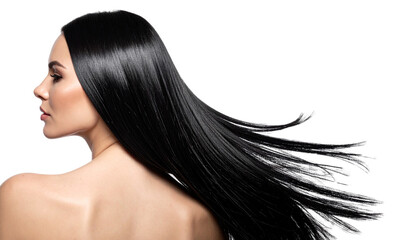  PNG Elegant Female Profile with Shiny Straight Black Hair Cascading Over Shoulder, Isolated