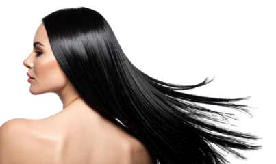  PNG Elegant Female Profile with Shiny Straight Black Hair Cascading Over Shoulder, Isolated