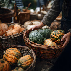 A person gently selects various types of pumpkins and squash from baskets at an outdoor farmer's market during autumn. The warm colors reflect the seasonal bounty available to shoppers