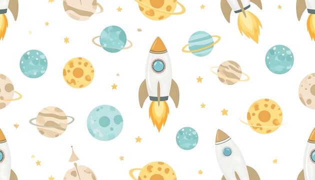 Cute space pattern with rockets and planets - Powered by Adobe