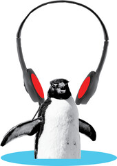 penguin standing and headsets art collage