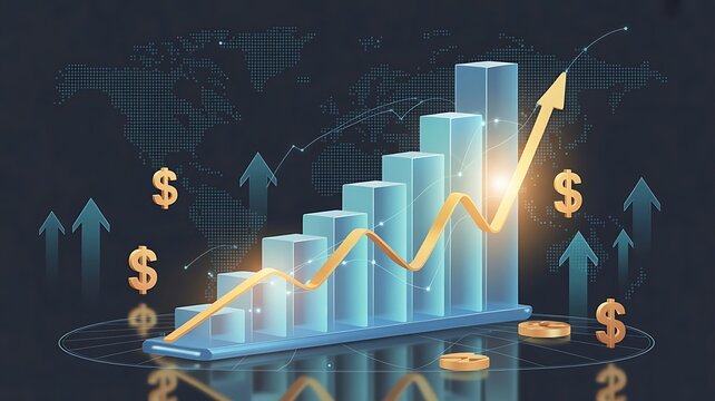 Global Finance Growth Illustration Futuristic 3D Charts with Digital World Map