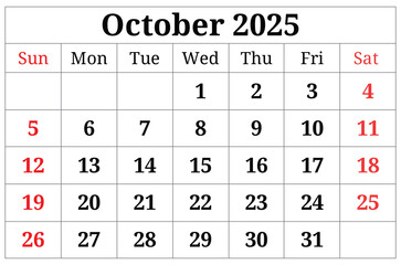 October 2025 ENGLISH month calendar. png transparent illustration