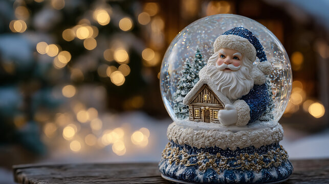Detailed shot of Santaâs white glove gripping snow globe, small cozy snow-dusted home inside, warm Christmas string lights sparkling all around