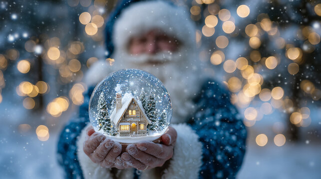 Santa Claus lifting snow globe in his palm, tiny winter wonderland cottage and fir trees within, glowing holiday bokeh lights creating magical atmosphere