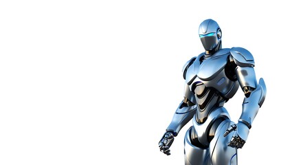 Futuristic cyborg robot standing isolated on white background
