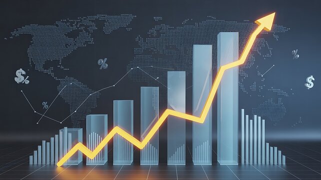 Global Finance Growth Illustration Futuristic 3D Charts with Digital World Map - Powered by Adobe