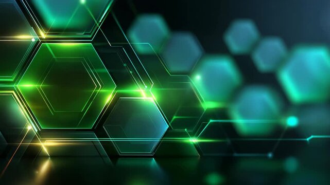 abstract background green hexagonal geometric shape futuristic technology theme with neon light glow on metallic dark background