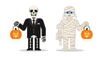 Halloween Characters: A skeleton in a suit and a mummy, both holding glowing Jack-o'-lanterns, ready for trick-or-treating on Halloween.