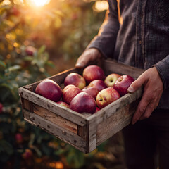 A person holds a rustic wooden crate filled with freshly picked apples in an orchard. The sun sets behind the trees, creating a warm, golden glow in the scene