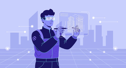Architect visualizing building design with futuristic augmented reality technology