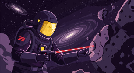 Fototapeta premium Astronaut explores space with laser tool examining asteroid amidst swirling galaxies