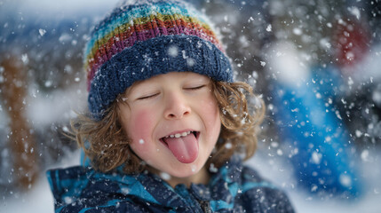 Little one surrounded by fresh snow, colorful beanie on head, eyes closed and tongue sticking out to catch flakes, radiating pure childhood fun