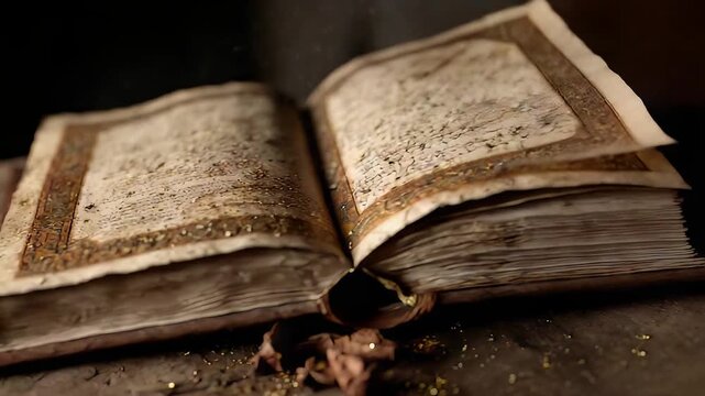 Ancient manuscript book with weathered pages, vintage texture, and ornate golden border resting on wooden table in dim atmospheric light