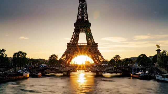 A time-lapse video of golden sun rising behind the Eiffel Tower, Paris, from the Seine River with Pont de Bir-Hakeim bridge. Warm light, cinematic flares, deep focus, and anamorphic look. Majestic