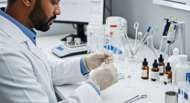 Scientist filling vial with syringe in laboratory research setting - Powered by Adobe