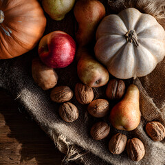 A display of fresh pumpkins, red apples, and ripe pears arranged with walnuts on a rustic burlap cloth, capturing the essence of autumn harvest season in a warm light