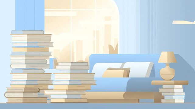 Cartoon illustration of a room with bed and books by the window