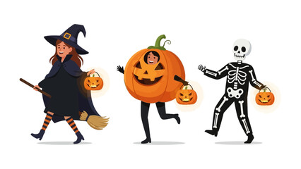 Spooky Halloween Parade: Three imaginative characters stroll, each personifying the eerie charm of Halloween. A witch, a jack-o'-lantern, and a skeleton move forward, each holding a lantern.