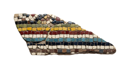 Fragment of an ancient mosaic isolated on transparent background, revealing the artistry and history embedded in its colorful tesserae and intricate patterns