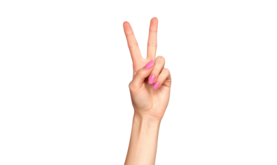 Transparent Background Stylish Female Hand with Pink Gradient Nail Art Showing Peace Sign Gesture, Isolated