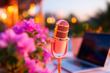 Professional Podcast Setup with a Retro Vintage Microphone and a Sleek Contemporary Laptop on a Minimalist Desk Surface