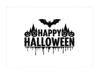 Happy Halloween Icon: A classic Halloween icon featuring spooky bat, pumpkins, and a cheerful greeting, perfect for themed designs, invitations, and holiday graphics.