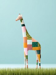 Colorful giraffe sculpture stands on green grass against light blue background showcasing vibrant, quilt-like pattern and playful design suitable for decorative display or children's room decor
