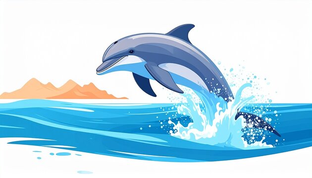A vector illustration of a dolphin jumping out of water flat marine style isolated on white background
