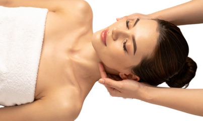 Transparent Background Young Woman Resting on Towel While Receiving Gentle Hand Massage, Top View Composition, Isolated