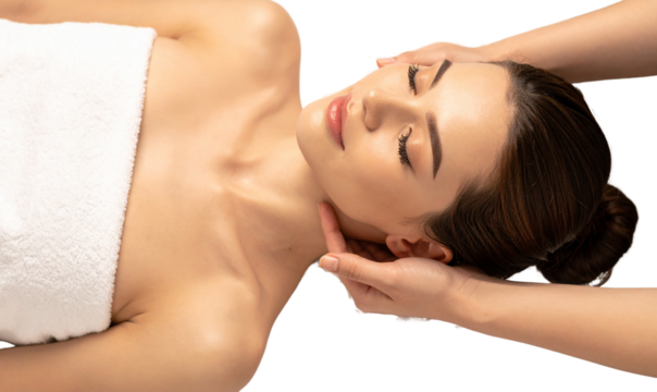 Transparent Background Young Woman Resting on Towel While Receiving Gentle Hand Massage, Top View Composition, Isolated
