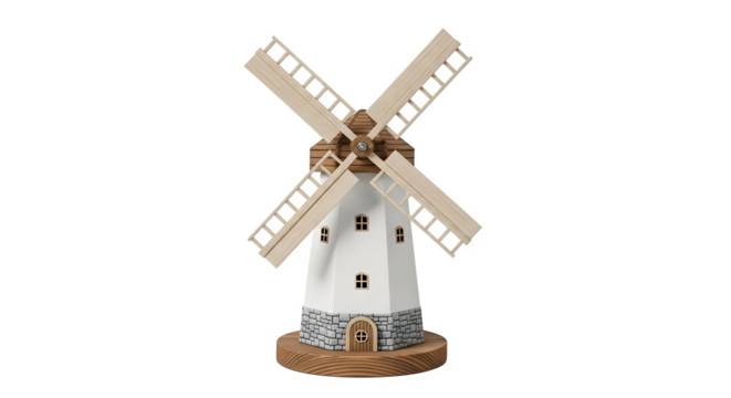 Charming miniature windmill isolated on transparent background, a delightful decorative piece showcasing intricate details and rustic charm, perfect for adding a touch of whimsy