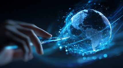 Human finger interacting with glowing digital earth network globe technology