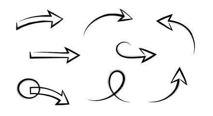 Collection of hand drawn sketchy arrow icons illustrating direction and movement isolated on white background