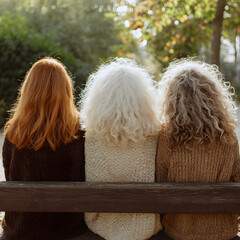 Three friends sit side by side on a wooden bench in a park, enjoying a sunny day. Their vibrant hairstyles and cozy sweaters blend into the peaceful, natural backdrop of trees