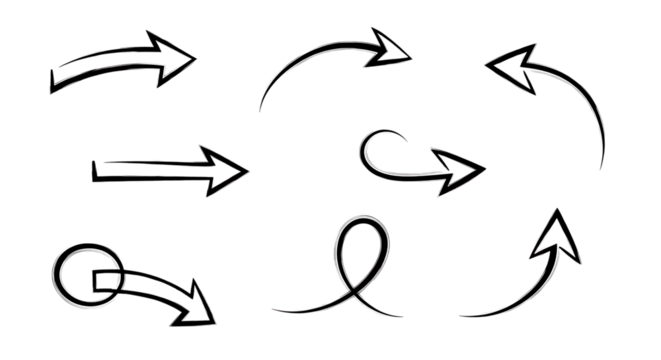 Collection of hand drawn sketchy arrow icons illustrating direction and movement isolated on white background