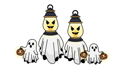 Halloween lantern and Ghosts: A spooky halloween scene showcasing two whimsical lantern and ghostly figures carrying small pumpkin lanterns in anticipation of a magical spooky celebration.