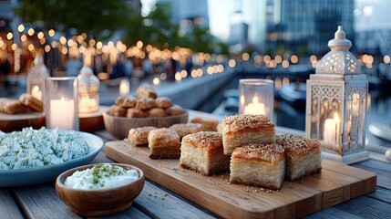 Fototapeta premium Delicious Baklava Dessert Display on Wooden Table with Warm Lighting and Blurred Cityscape Background